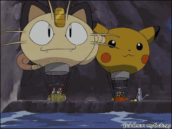 Pokémon pikachu está sentado em um pequeno guarda-chuva com balões em torno  dele.