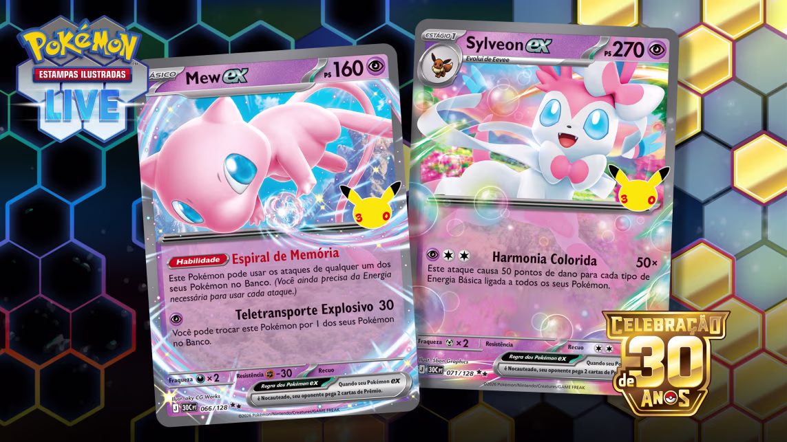 Comemore ao lado de cartas históricas “Celebração de 30 anos”, disponível nas lojas físicas e em Pokémon TCG Live!